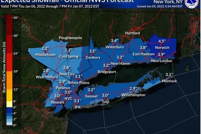 A meteorological map showing expected snowfall this week.